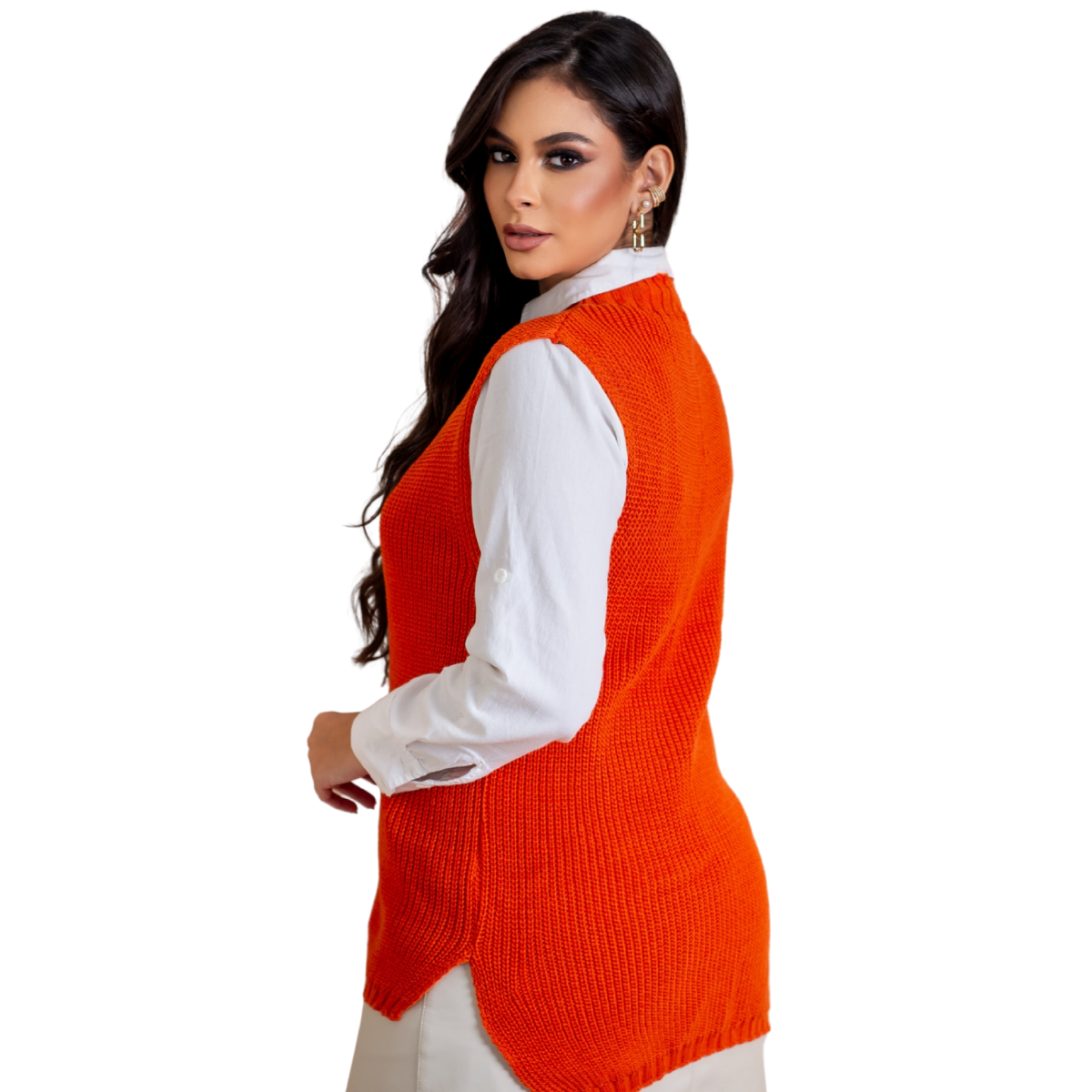 Colete Feminino Pulôver Alongado Tricô Suéter Fenda Lateral