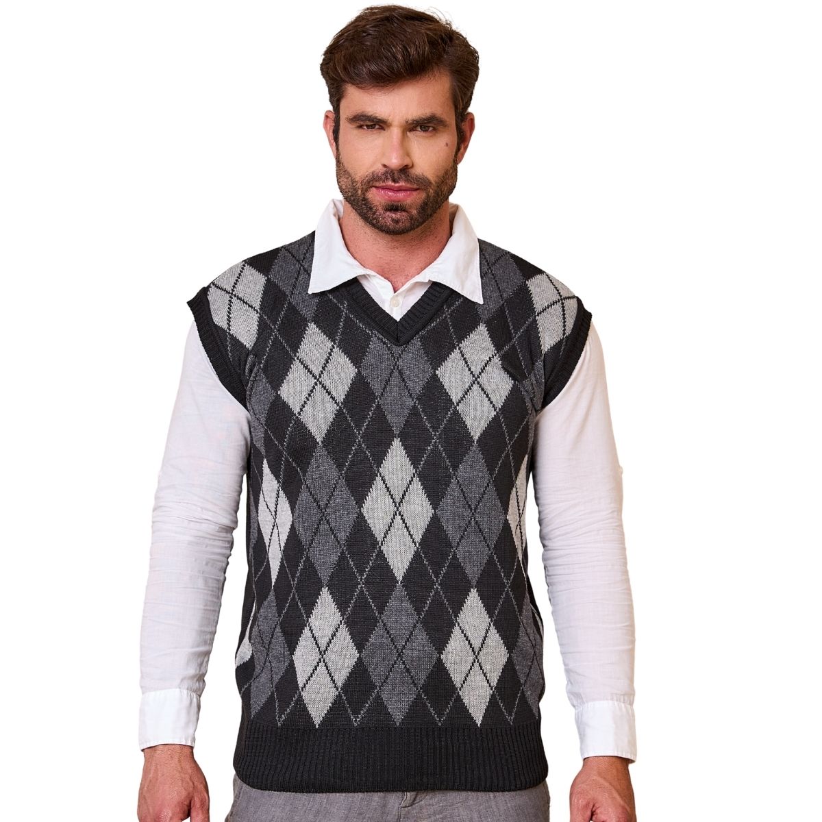 Colete Pulôver Masculino Lã Losango Trico Frio Gola V Social