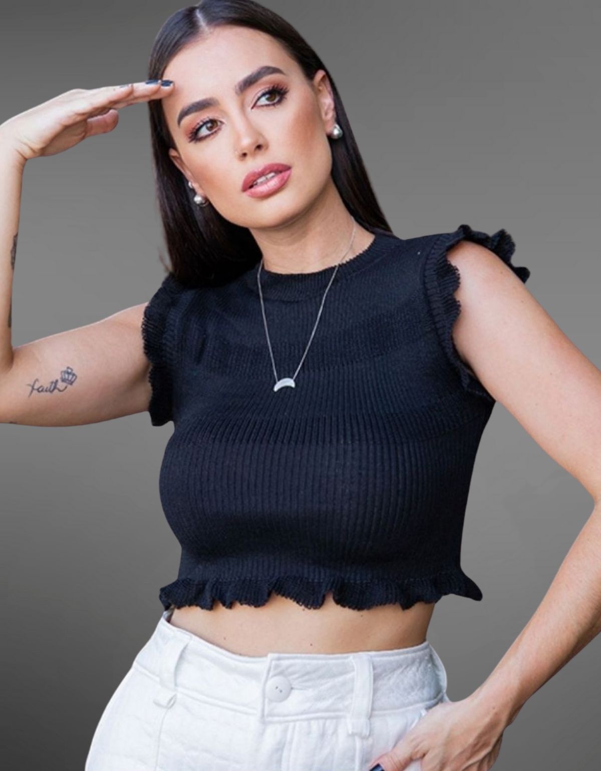 Cropped Feminino Moda Tricô Canelado Babado