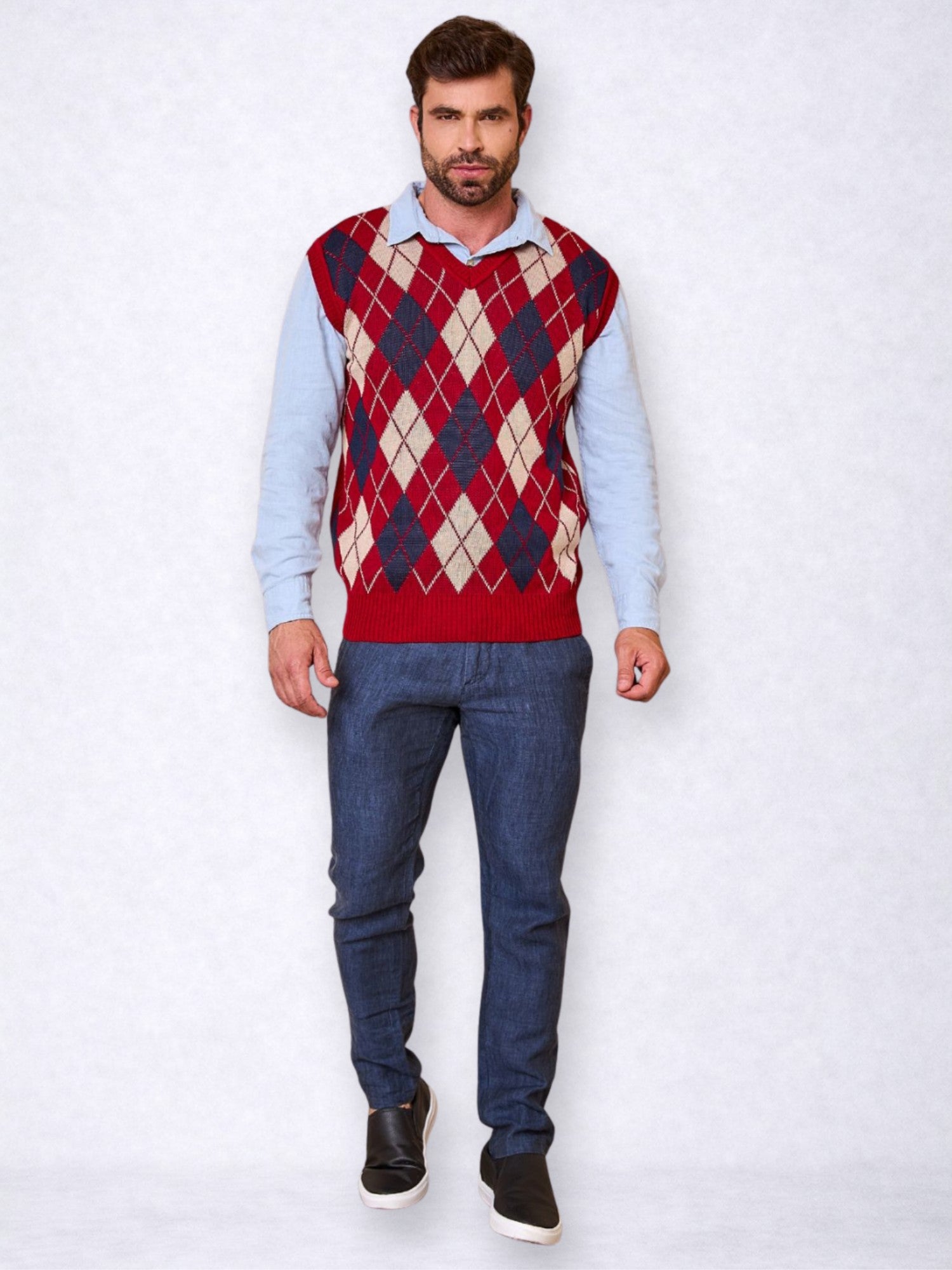 Colete Masculino Social de Tricô Xadrez Gola V