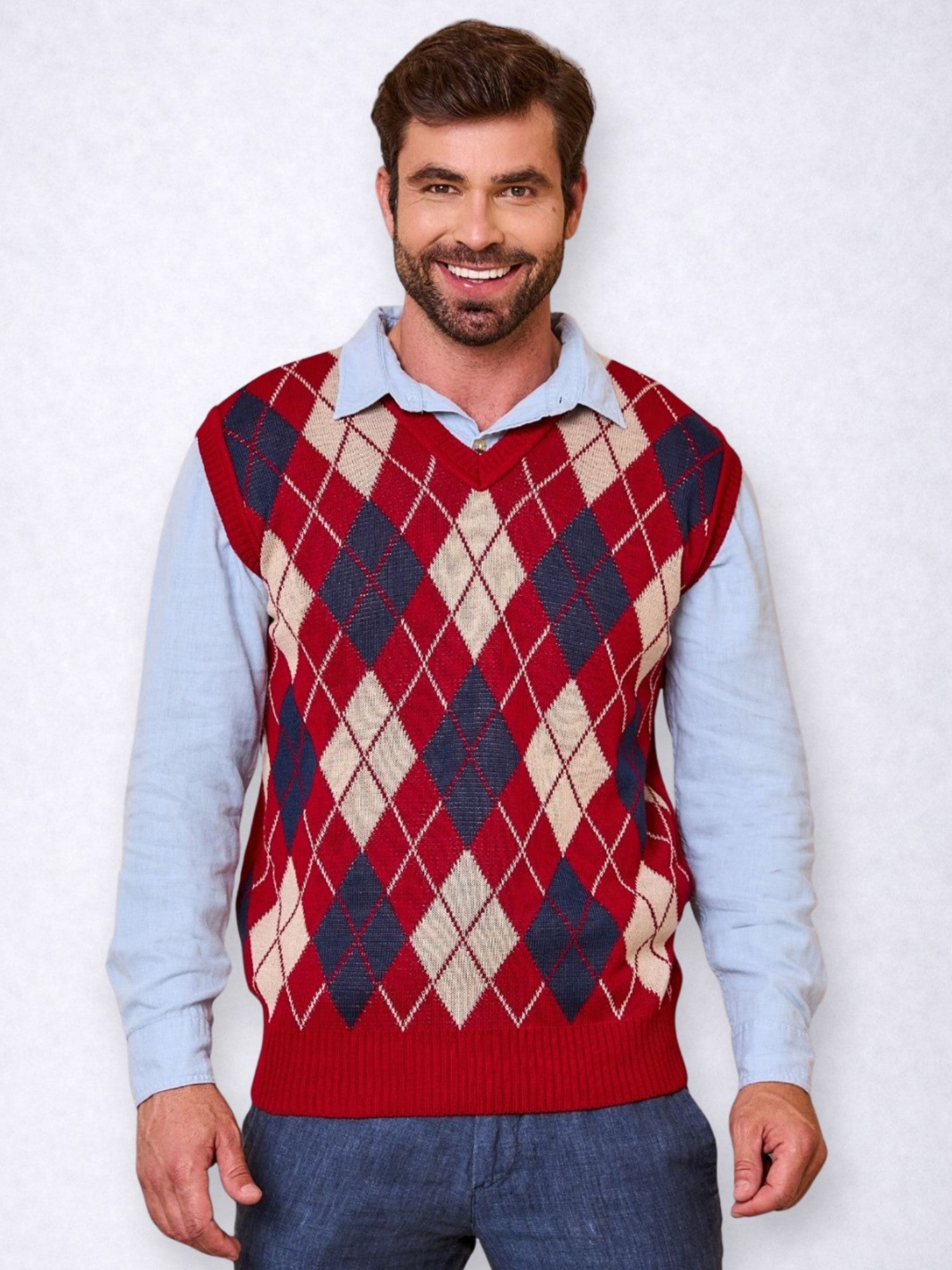 Colete Masculino Social de Tricô Xadrez Gola V