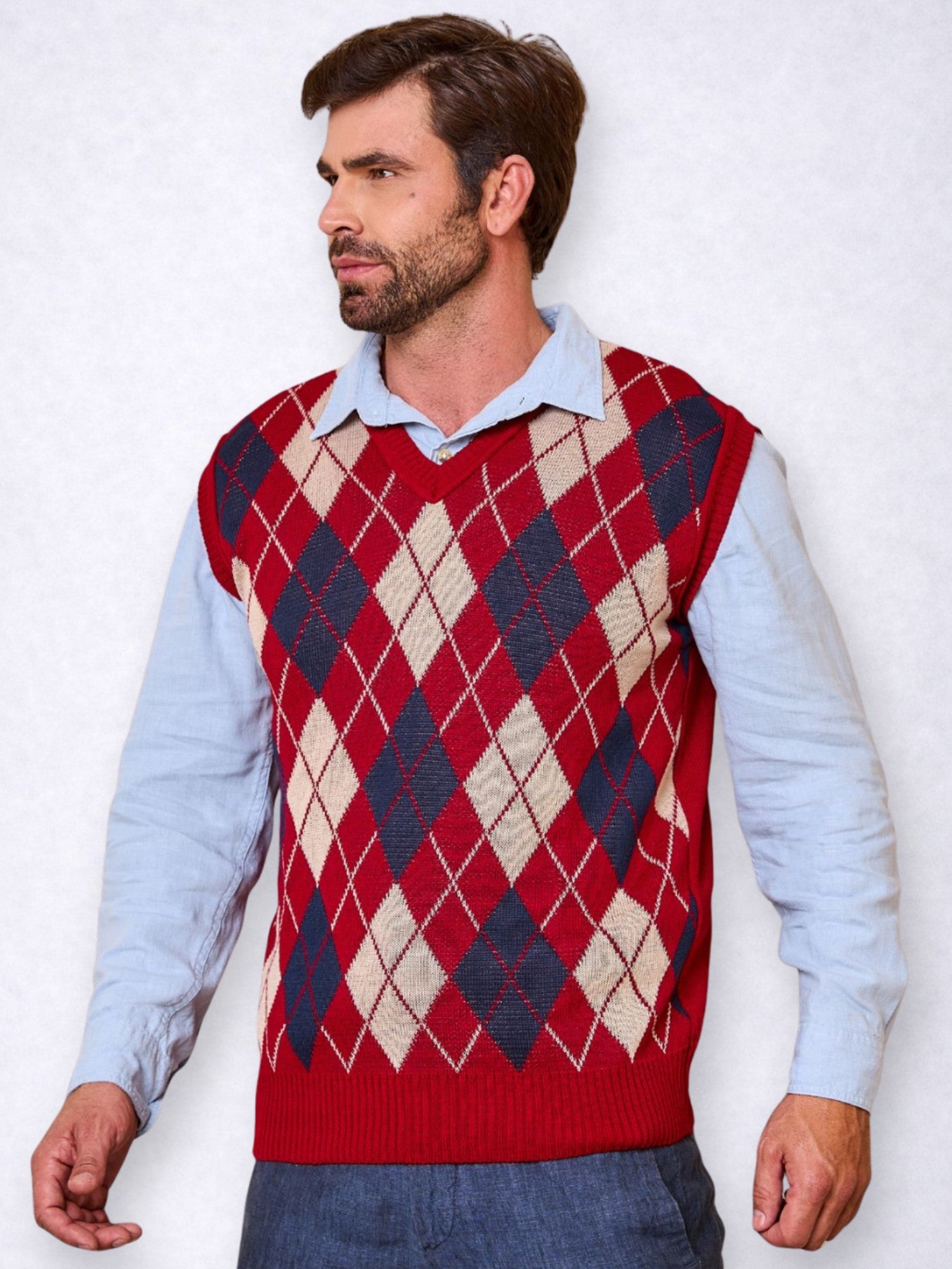 Colete Masculino Social de Tricô Xadrez Gola V