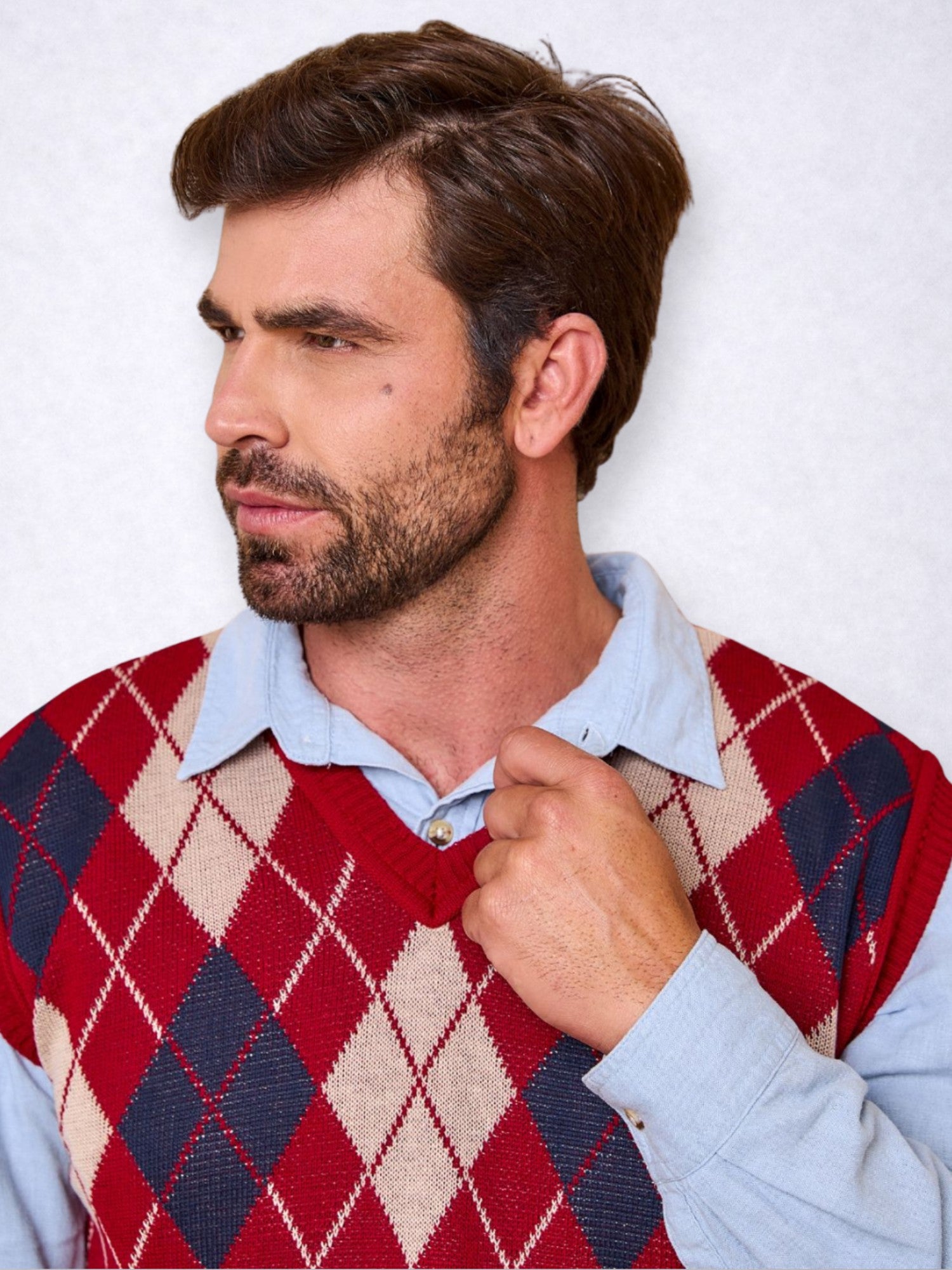 Colete Masculino Social de Tricô Xadrez Gola V