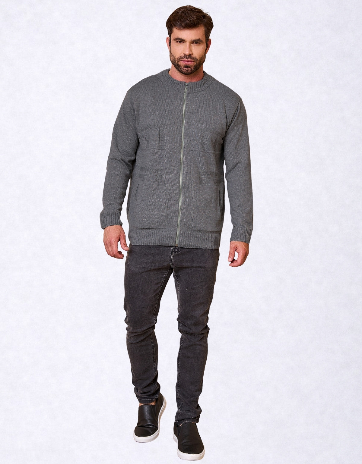 Jaqueta Masculina Tricot com Zíper e Bolso