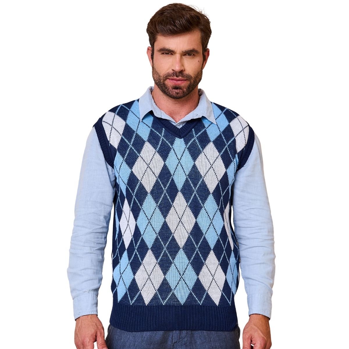 Colete Pulôver Masculino Lã Losango Trico Frio Gola V Social