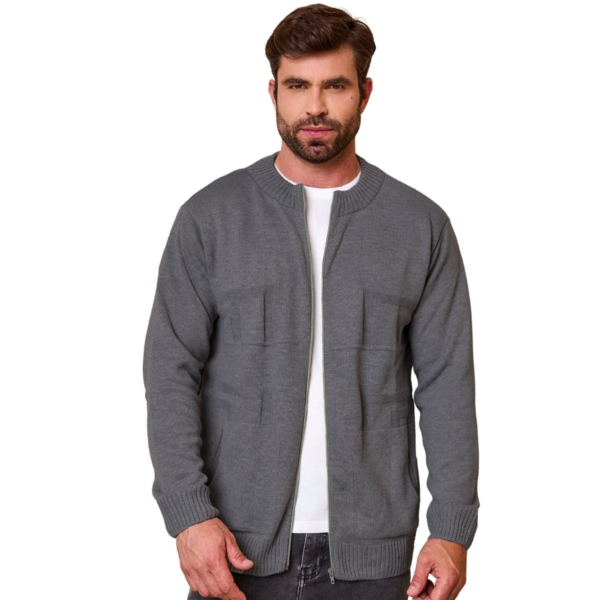 Casaco Suéter Masculino Lã Com Zíper Trico