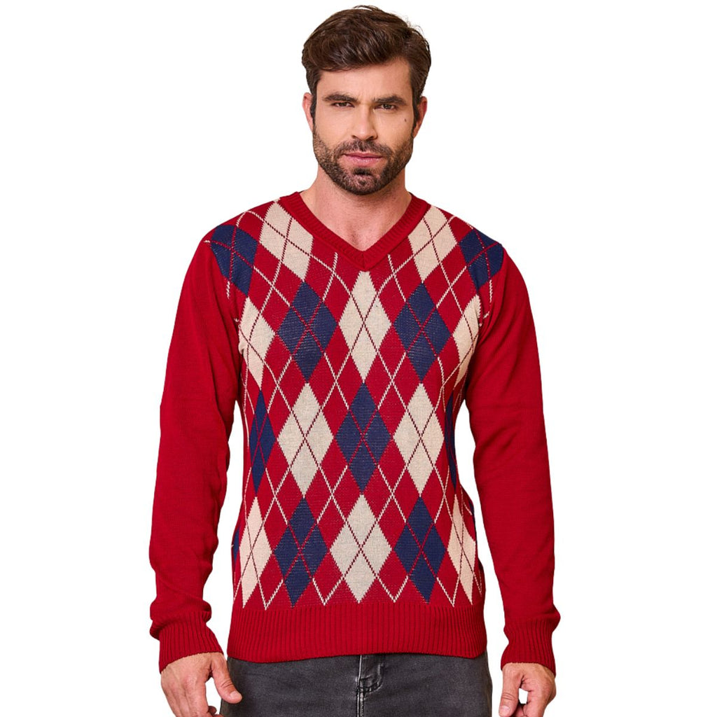 Blusa Masculina Xadrez Tricot Gola V