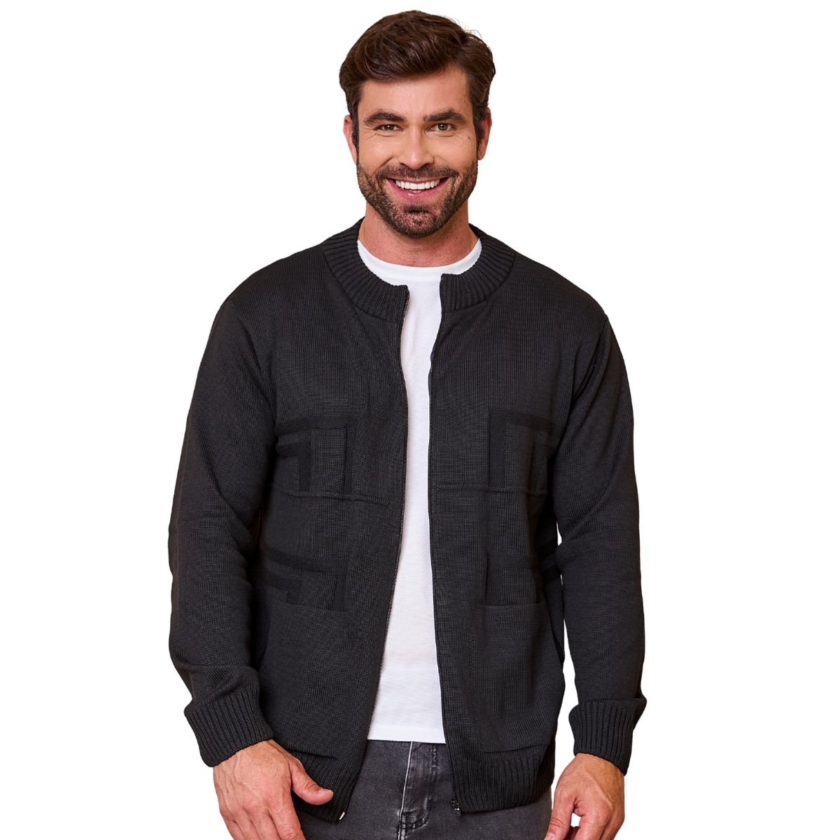 Casaco Suéter Masculino Lã Com Zíper Trico