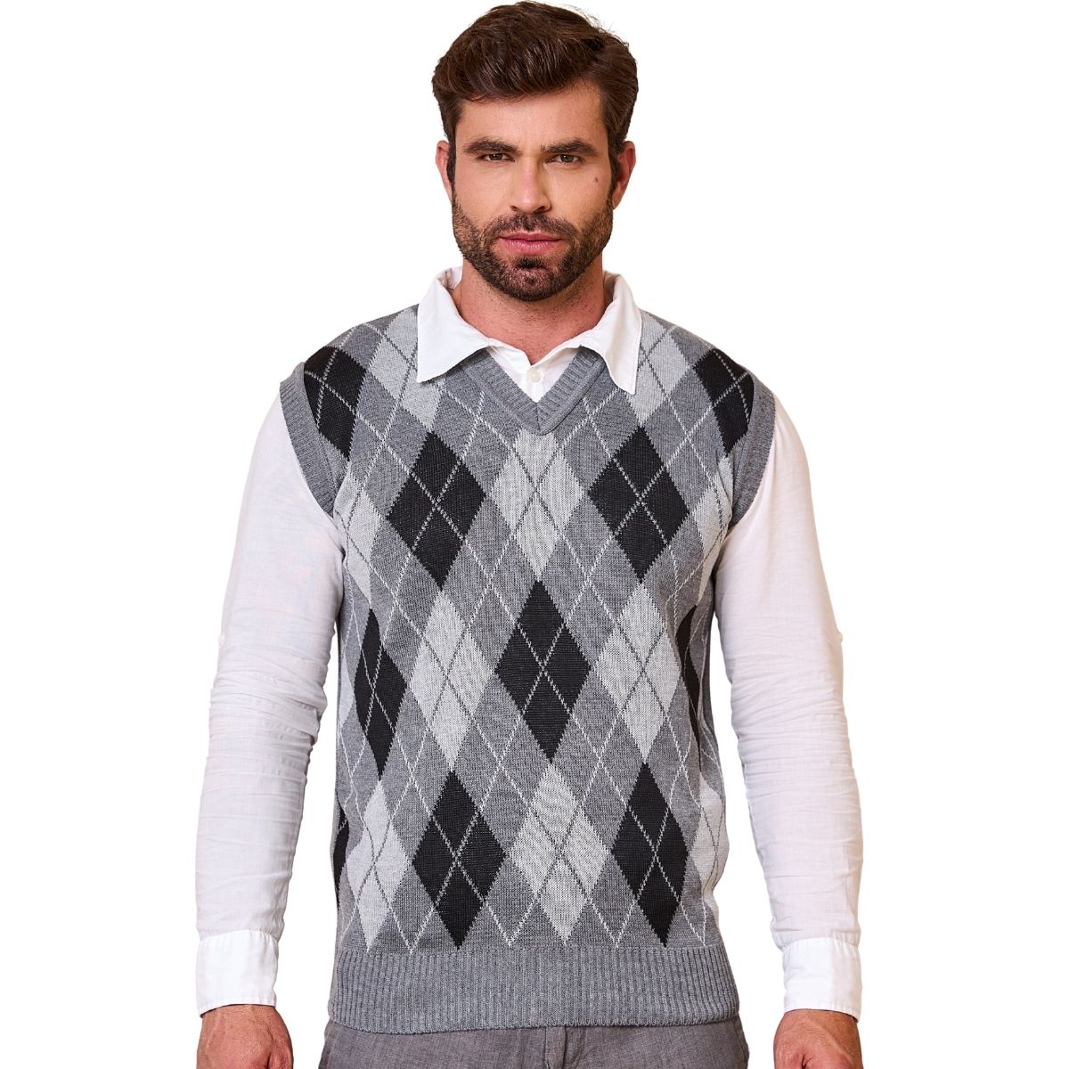 Colete Pulôver Masculino Lã Losango Trico Frio Gola V Social