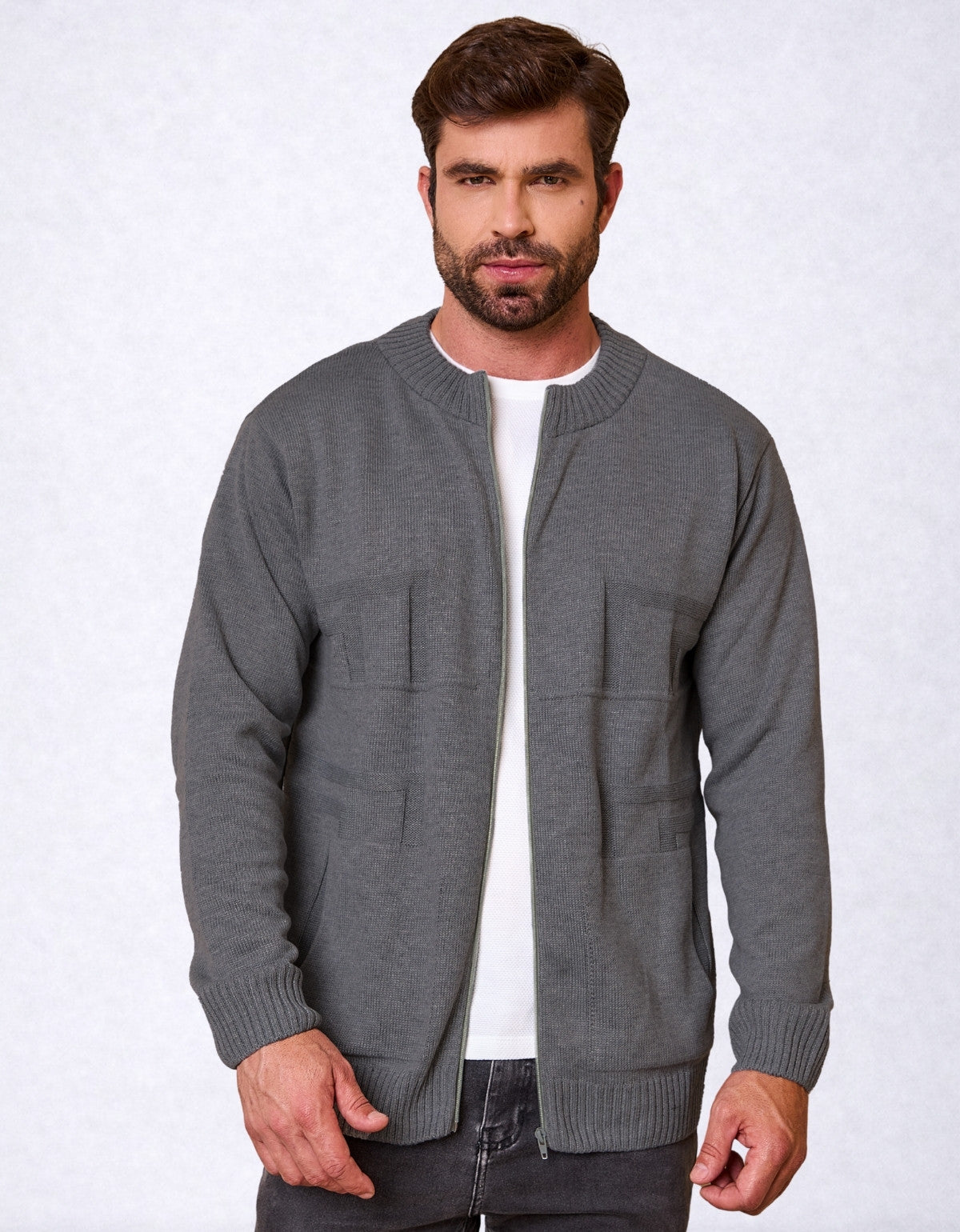 Jaqueta Masculina Tricot com Zíper e Bolso