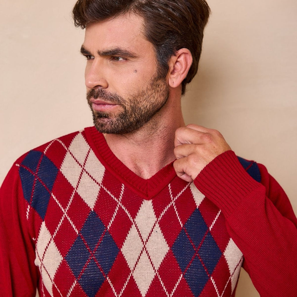 Blusa Masculina Xadrez Tricot Gola V