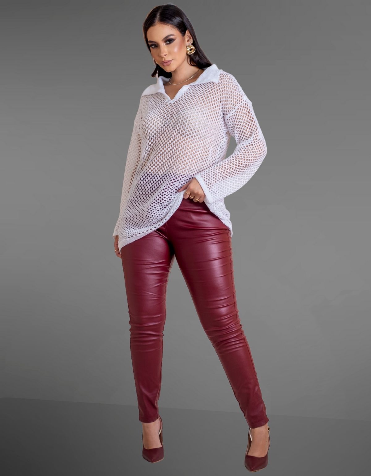 Camisa Rendada Saída de Praia Crochê Gola Polo Manga Longa