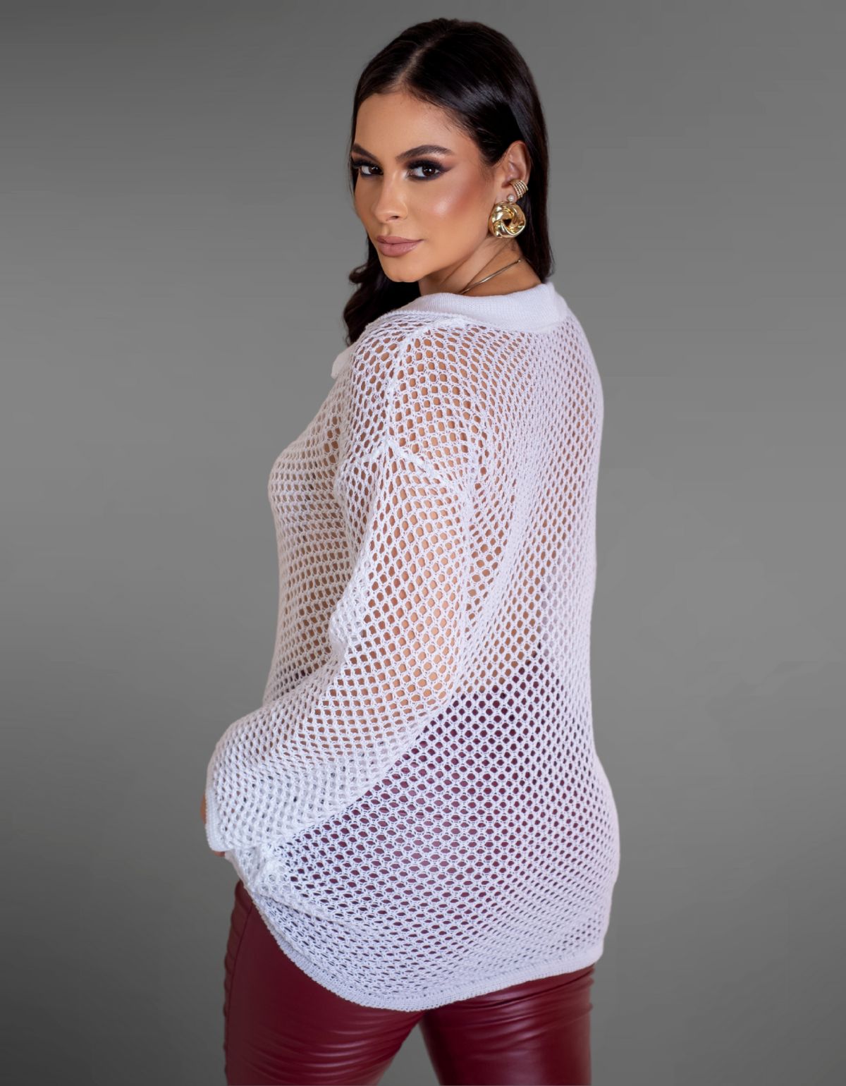 Camisa Rendada Saída de Praia Crochê Gola Polo Manga Longa