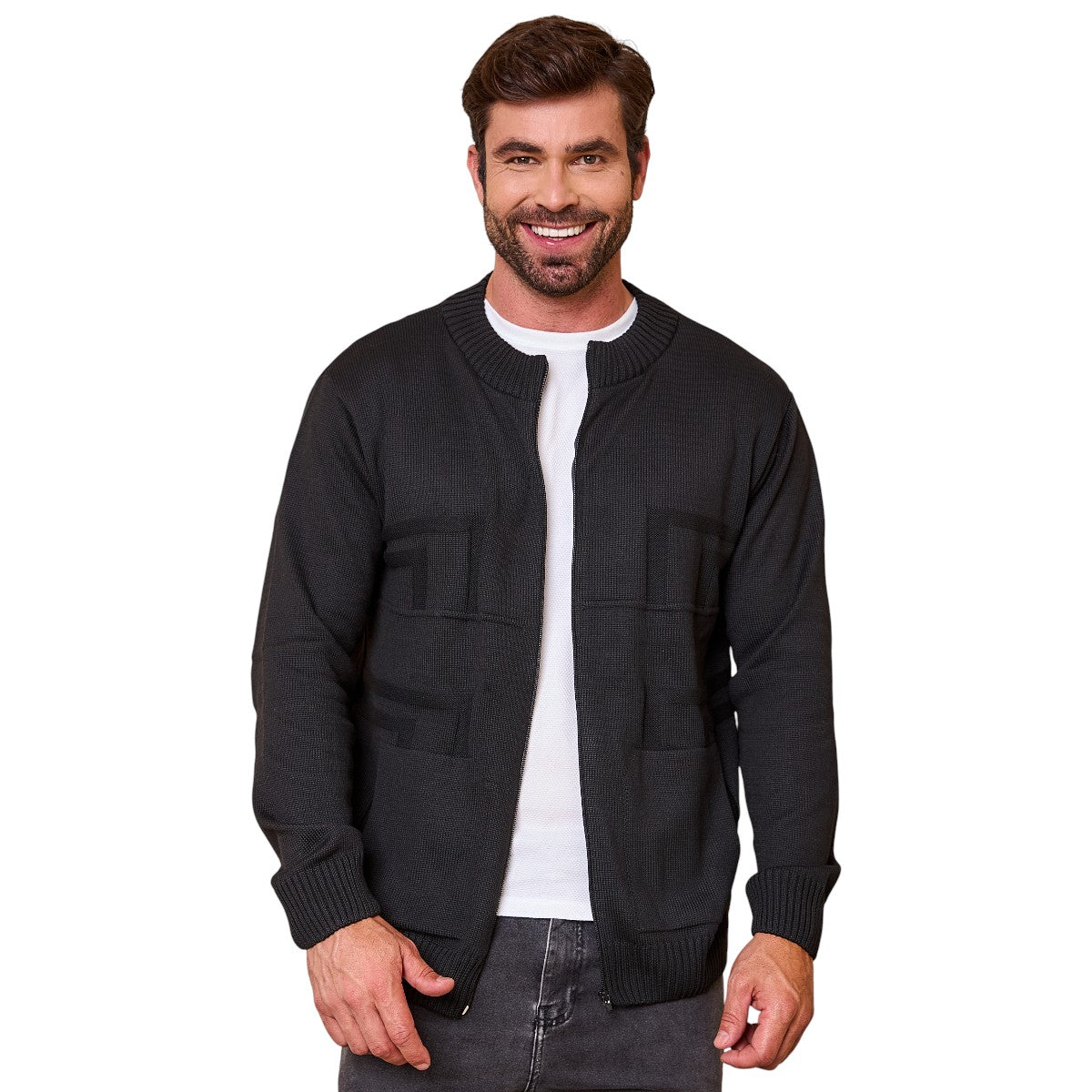 Jaqueta Masculina Tricot com Zíper e Bolso