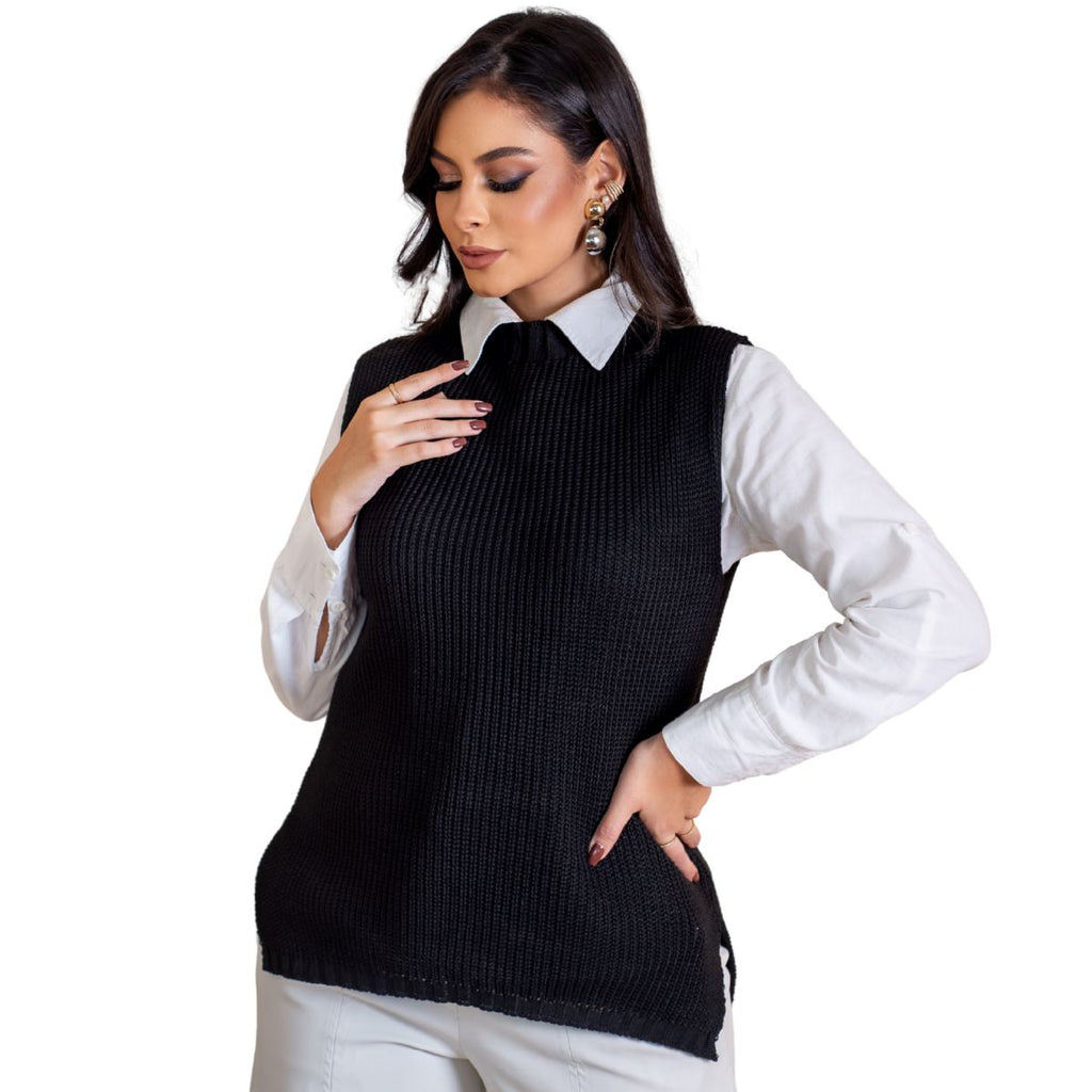 Colete Feminino Tricot Alongado Fenda Lateral