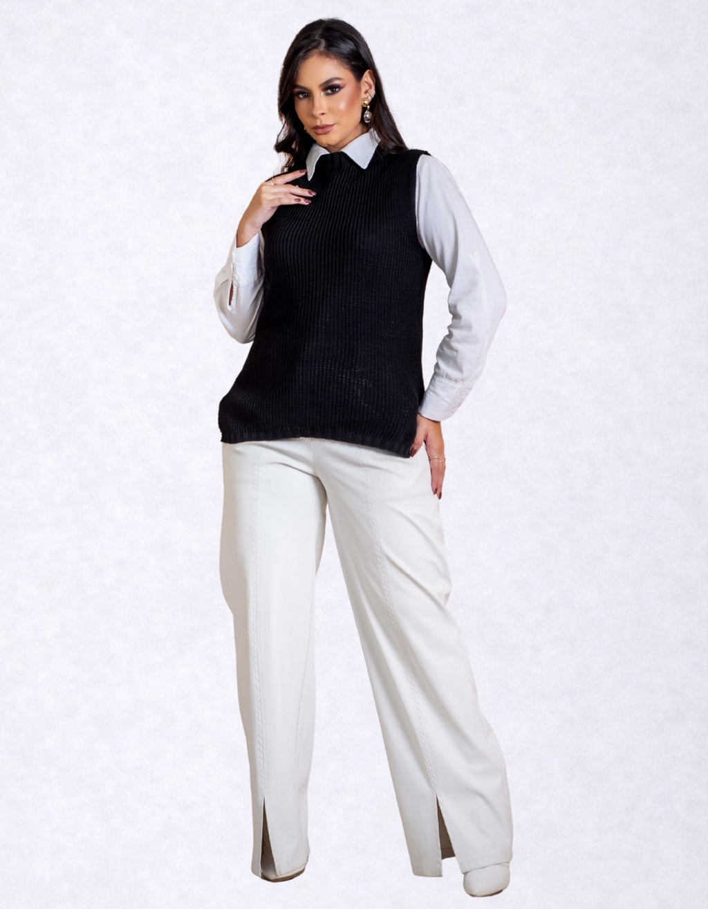 Colete Feminino Tricot Alongado Fenda Lateral