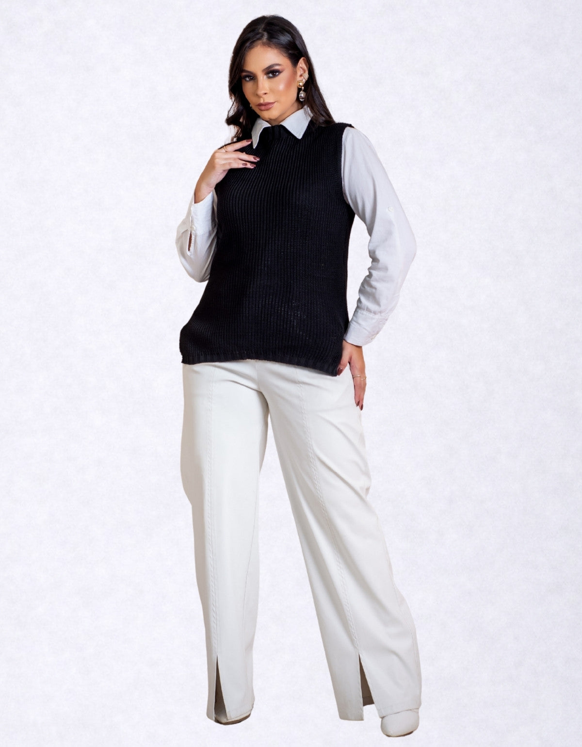 Colete Feminino Tricot Alongado Fenda Lateral