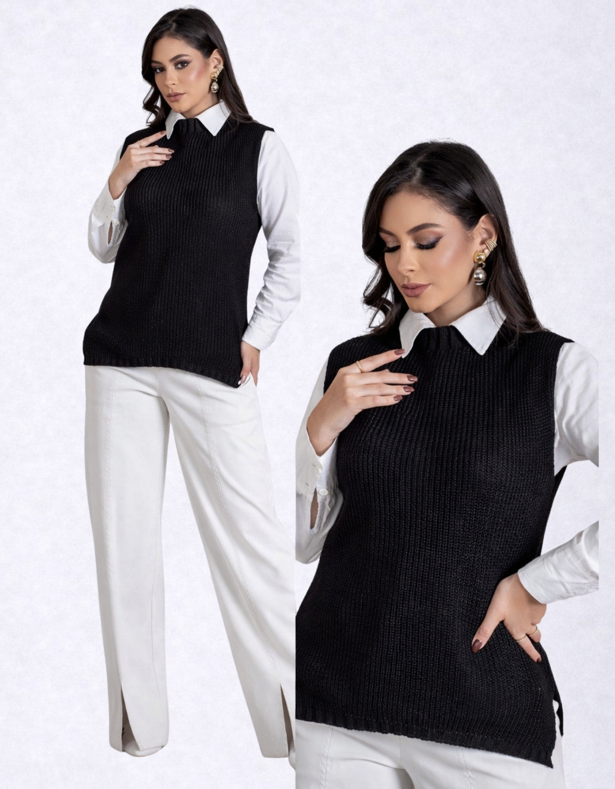 Colete Feminino Tricot Alongado Fenda Lateral