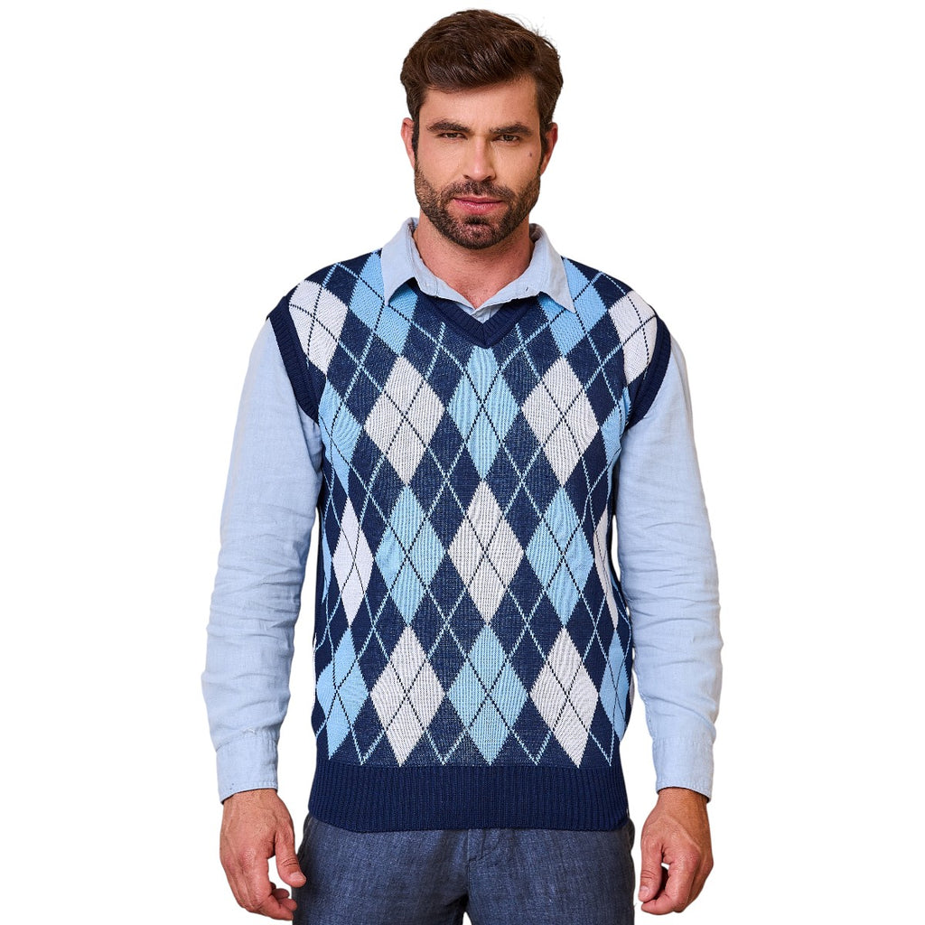 Colete Masculino Social de Tricô Xadrez Gola V