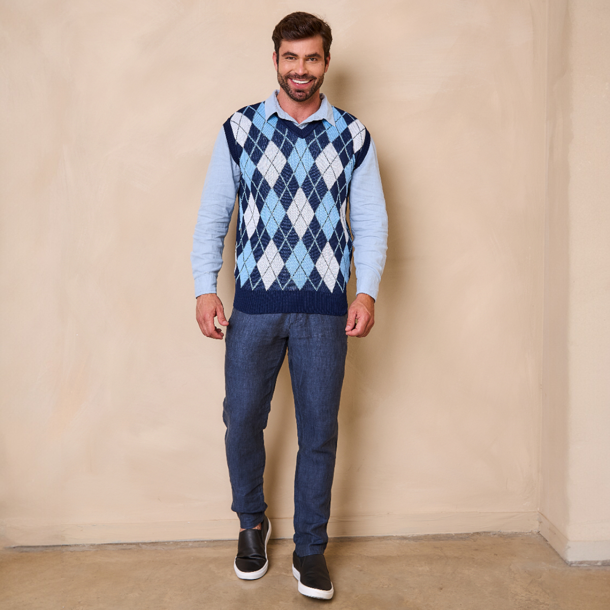 Colete Masculino Social de Tricô Xadrez Gola V