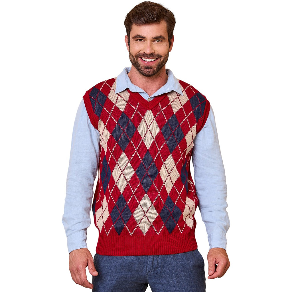 Colete Masculino Social de Tricô Xadrez Gola V