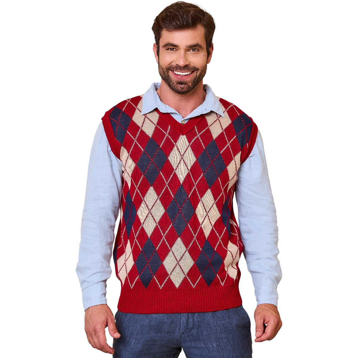 Colete Masculino Social de Tricô Xadrez Gola V