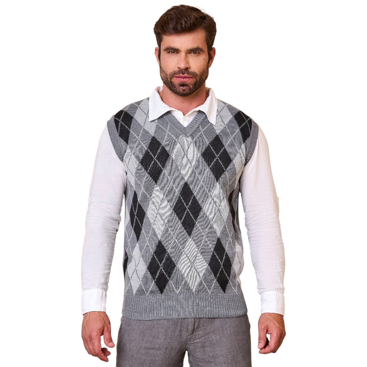 Colete Masculino Social de Tricô Xadrez Gola V