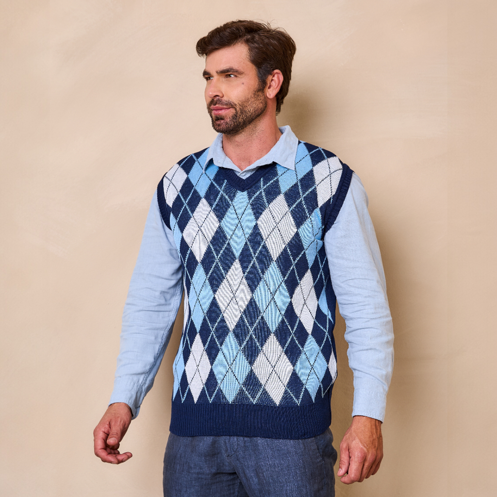 Colete Masculino Social de Tricô Xadrez Gola V