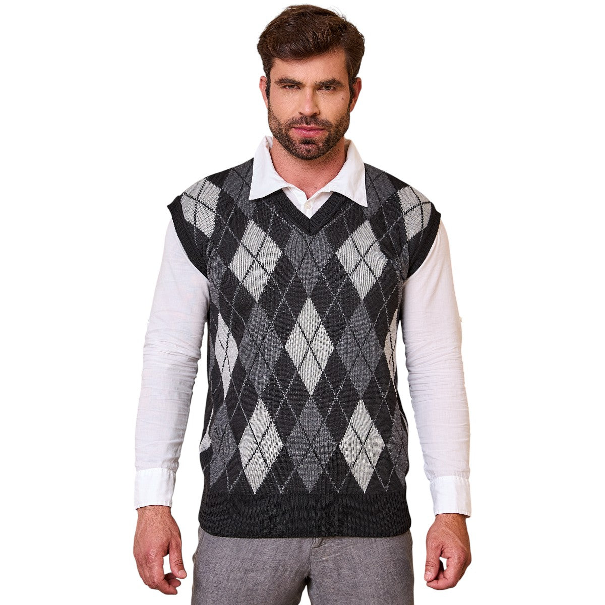 Colete Masculino Social de Tricô Xadrez Gola V