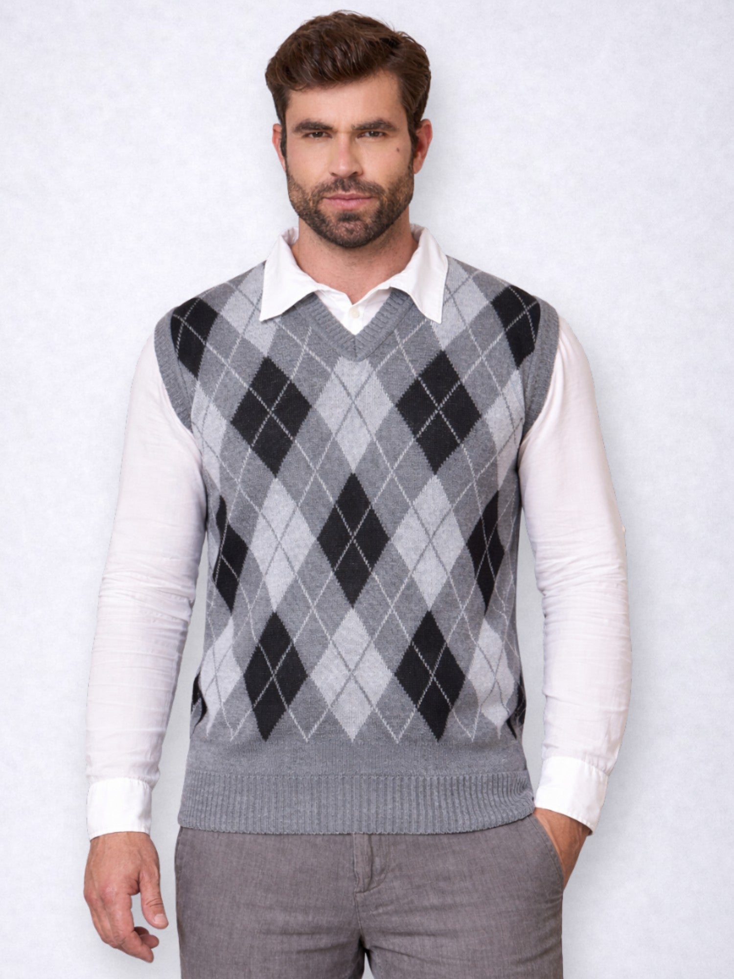 Colete Masculino Social de Tricô Xadrez Gola V