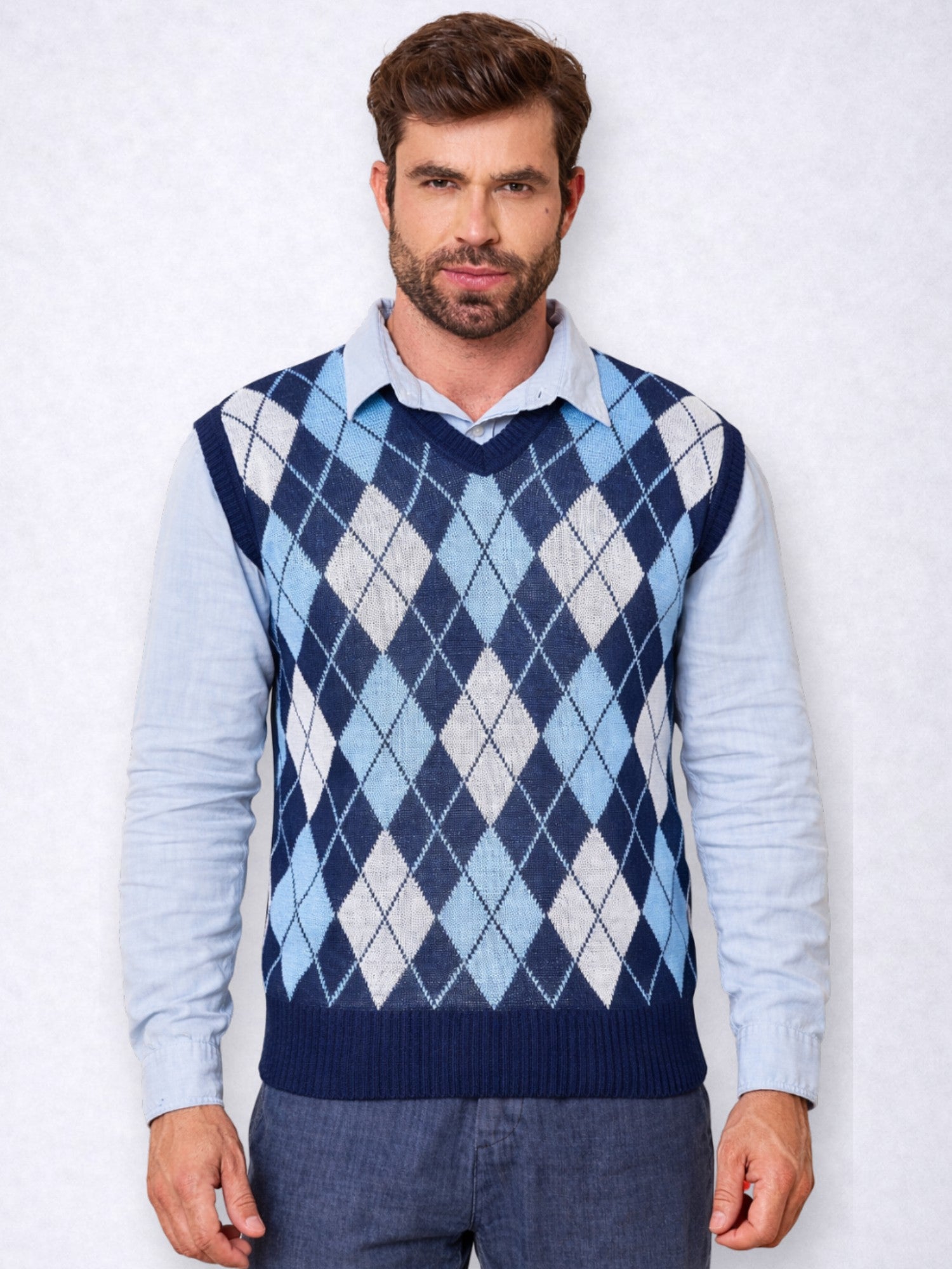 Colete Masculino Social de Tricô Xadrez Gola V