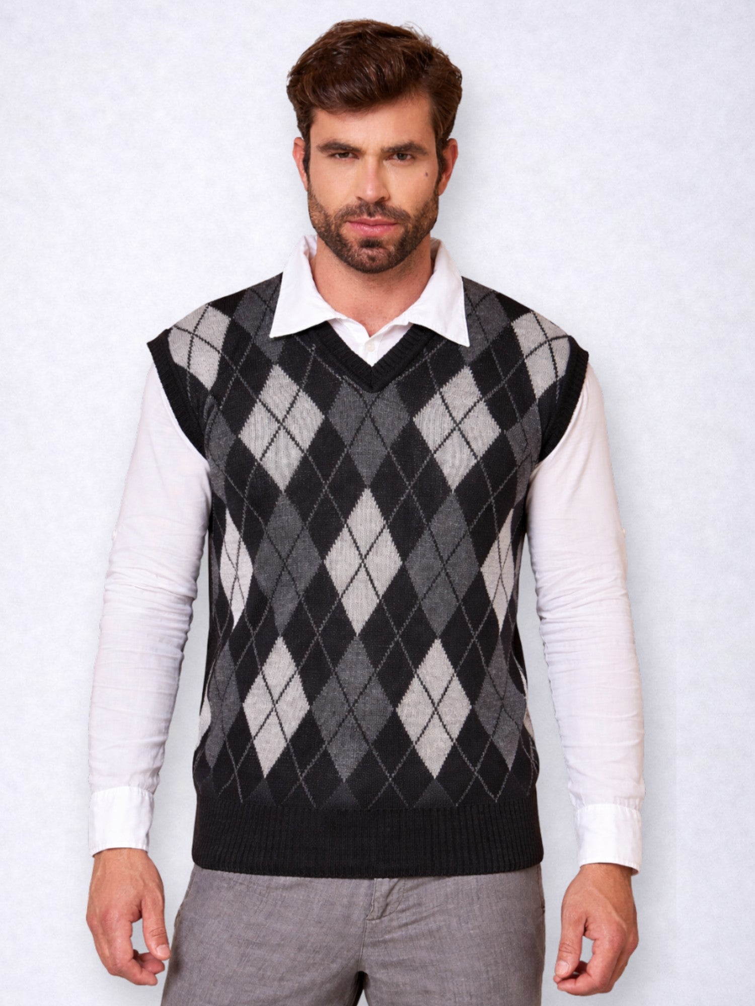 Colete Masculino Social de Tricô Xadrez Gola V