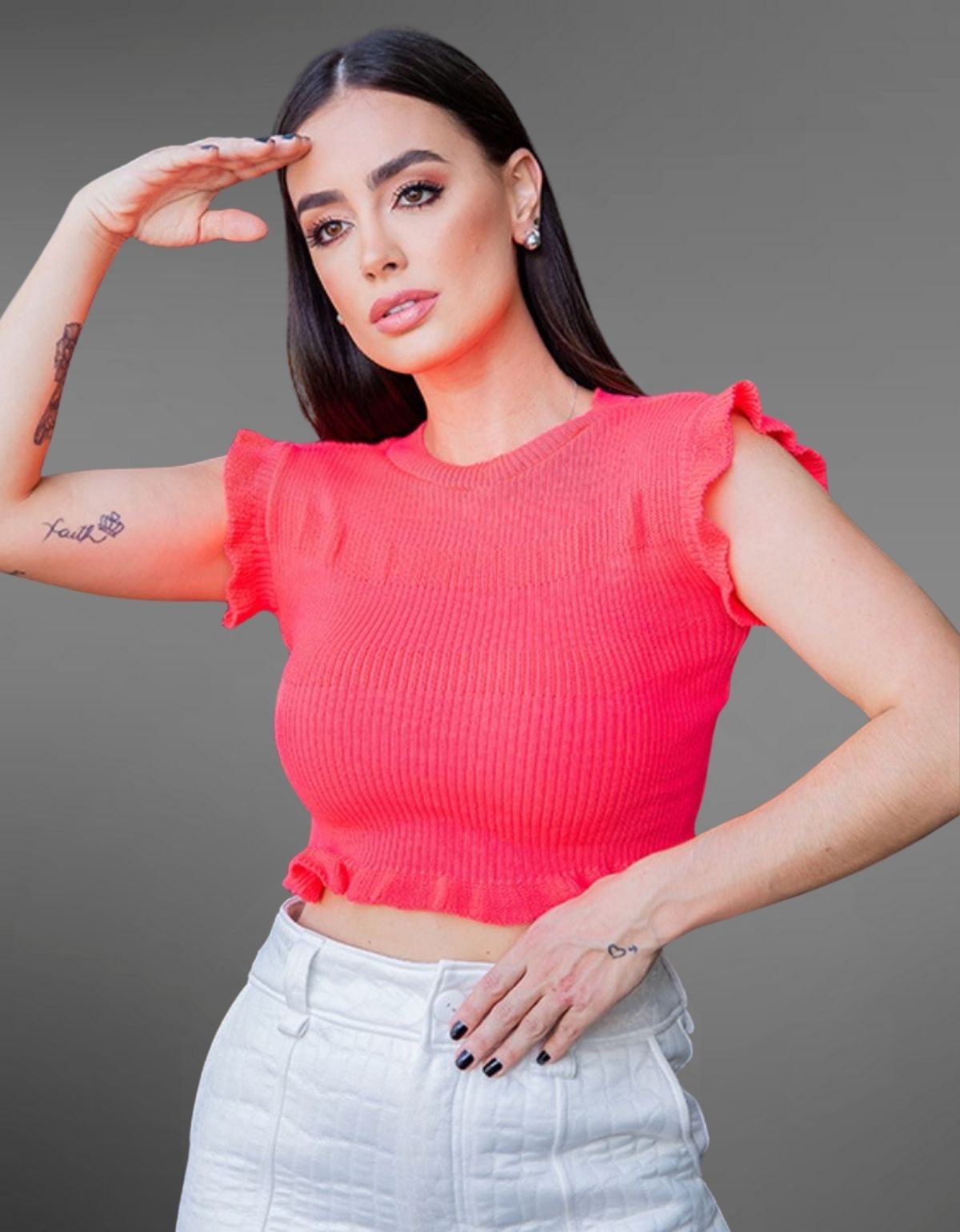 Cropped Feminino Moda Tricô Canelado Babado