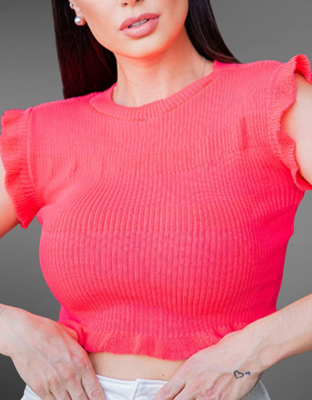 Cropped Feminino Moda Tricô Canelado Babado