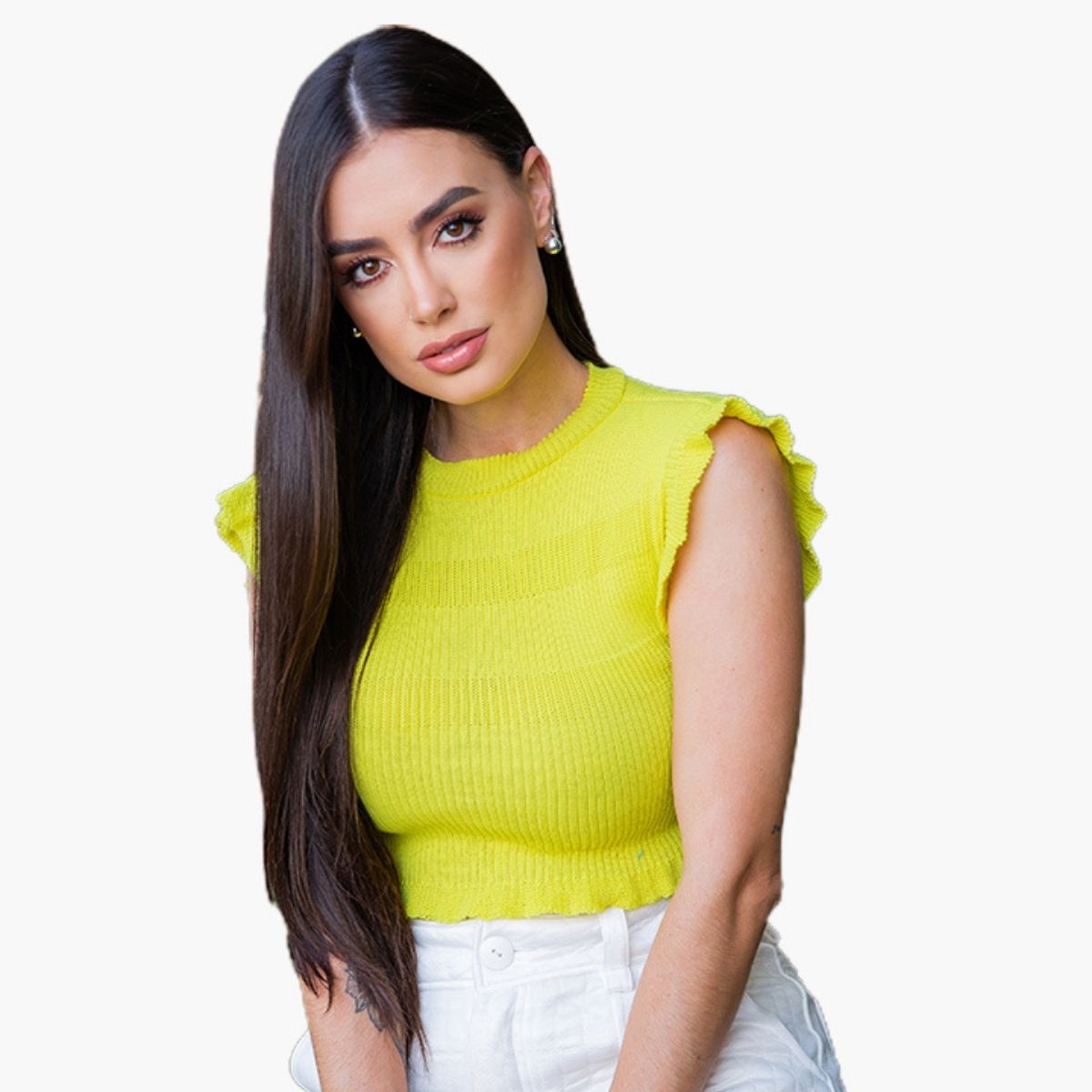 Cropped Feminino Moda Tricô Canelado Babado