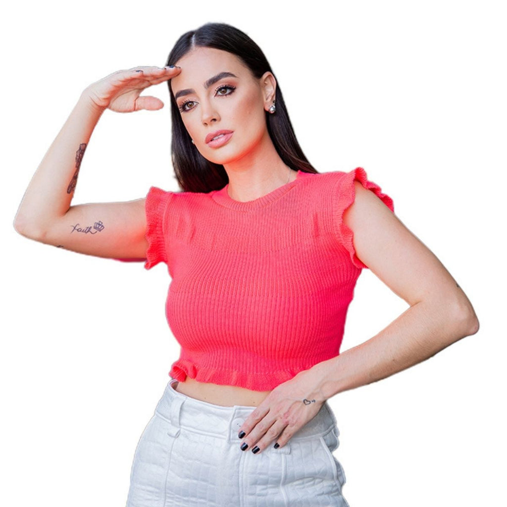 Cropped Feminino Moda Tricô Canelado Babado