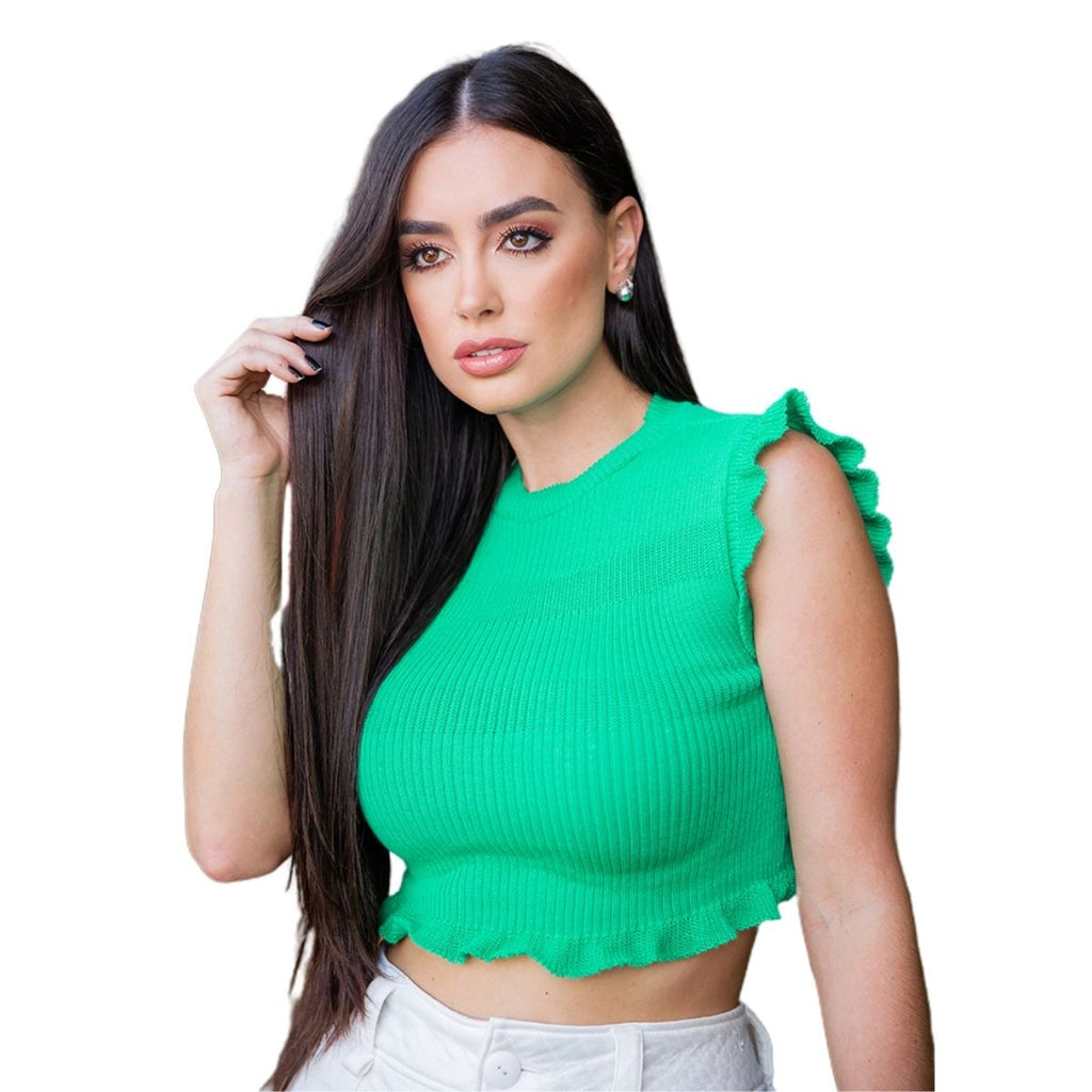 Cropped Feminino Moda Tricô Canelado Babado