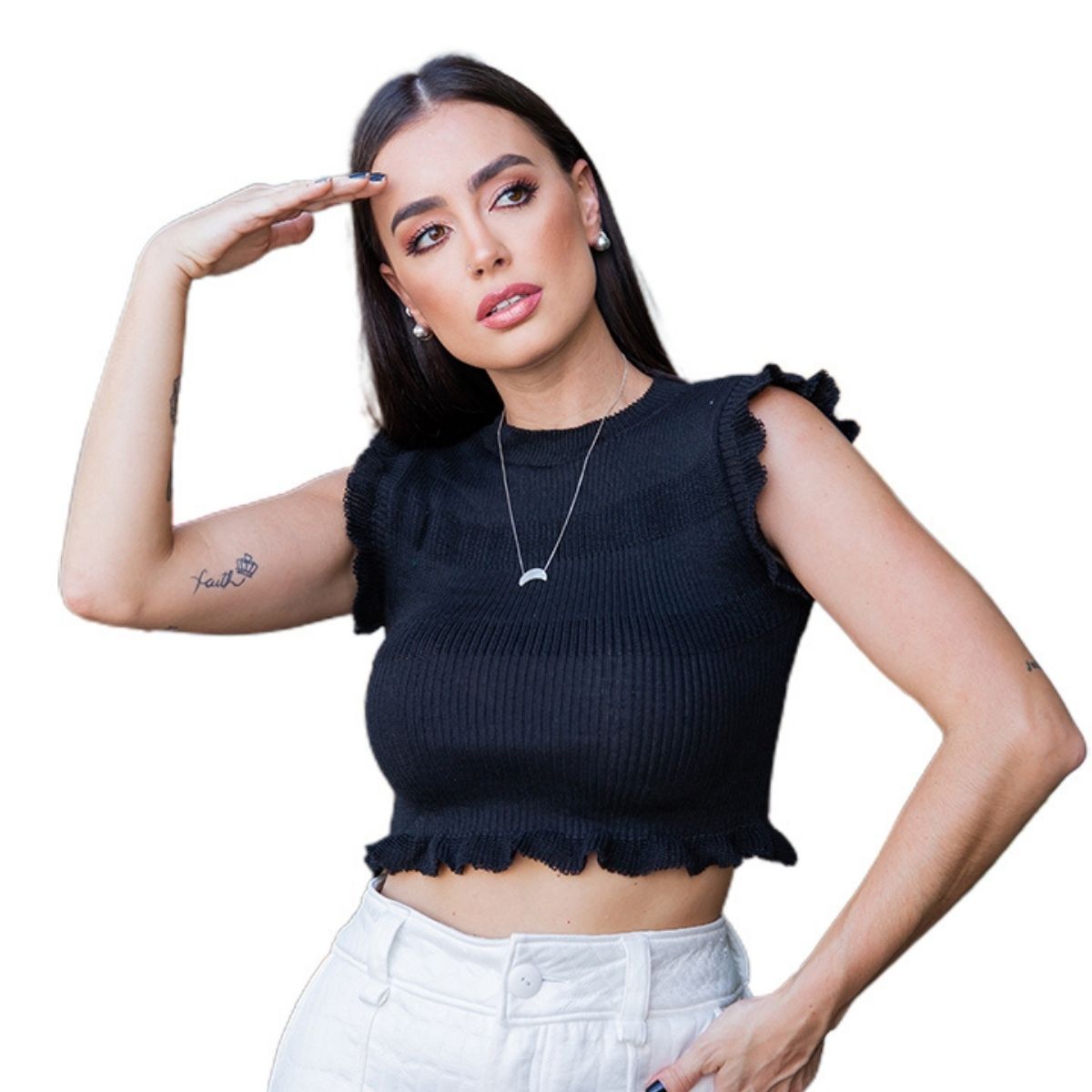 Cropped Feminino Moda Tricô Canelado Babado