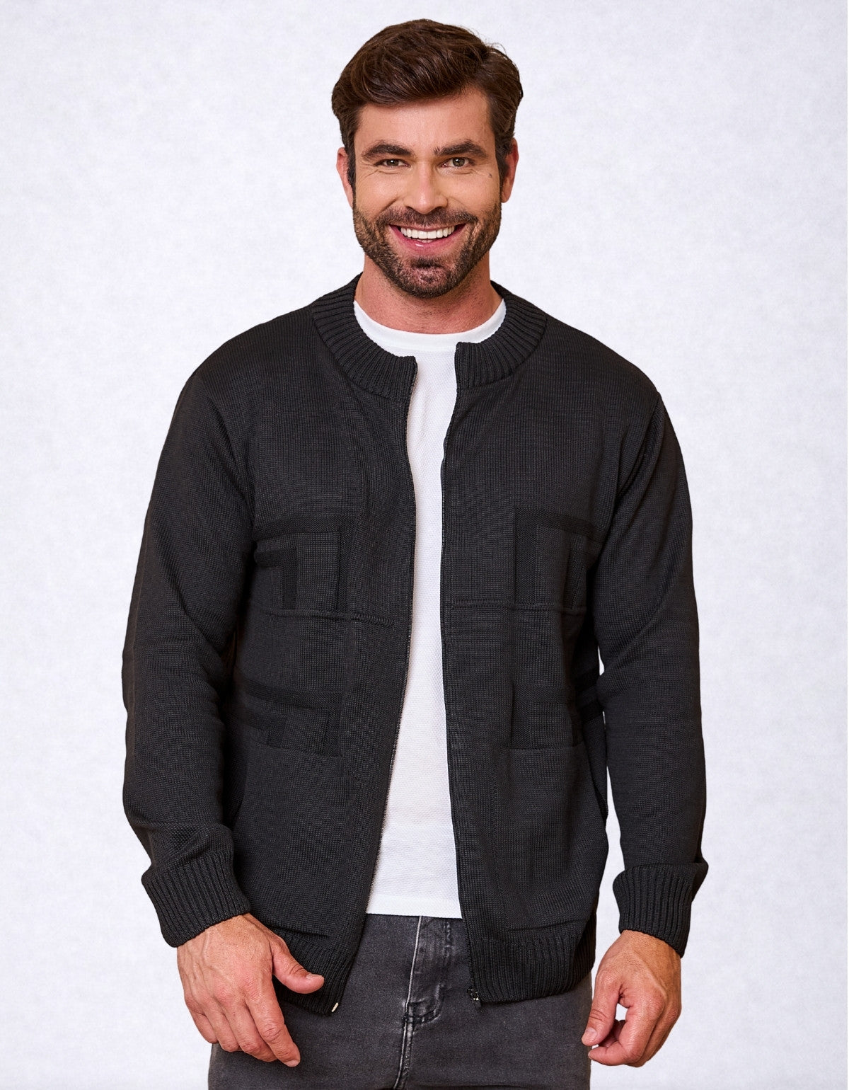 Jaqueta Masculina Tricot com Zíper e Bolso