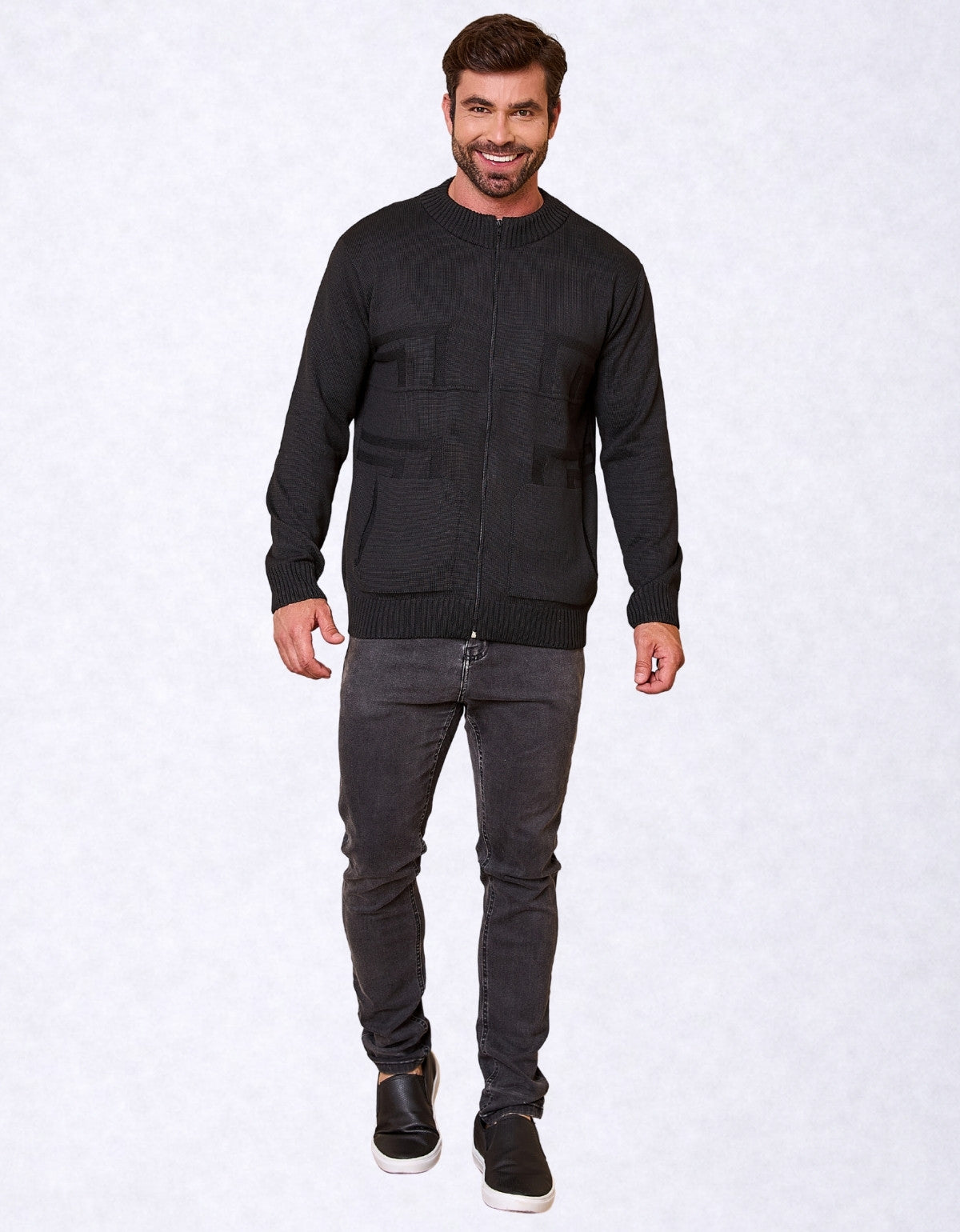 Jaqueta Masculina Tricot com Zíper e Bolso