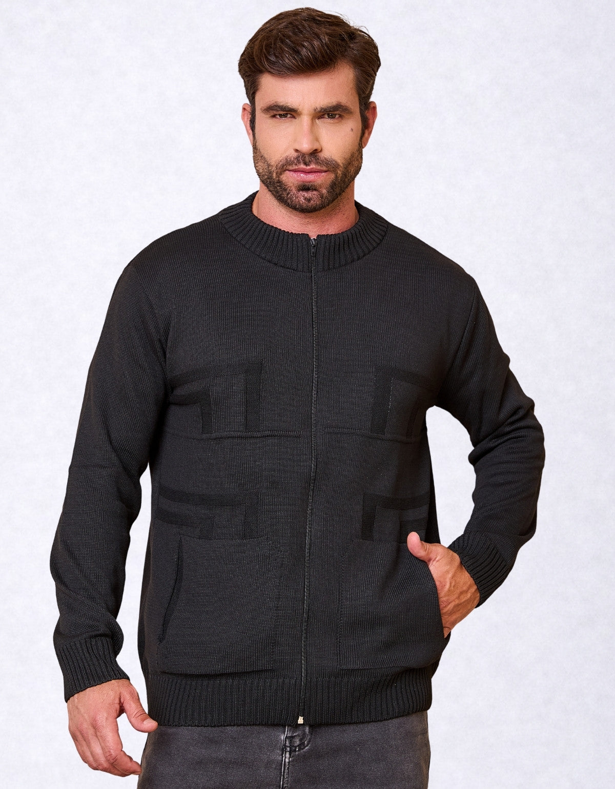 Jaqueta Masculina Tricot com Zíper e Bolso