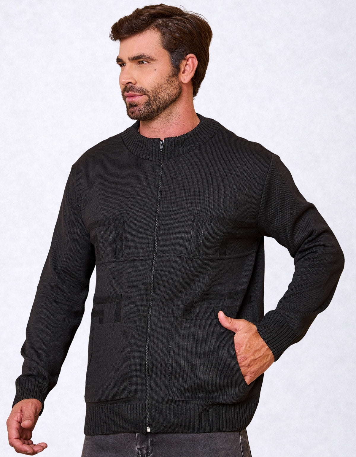 Jaqueta Masculina Tricot com Zíper e Bolso