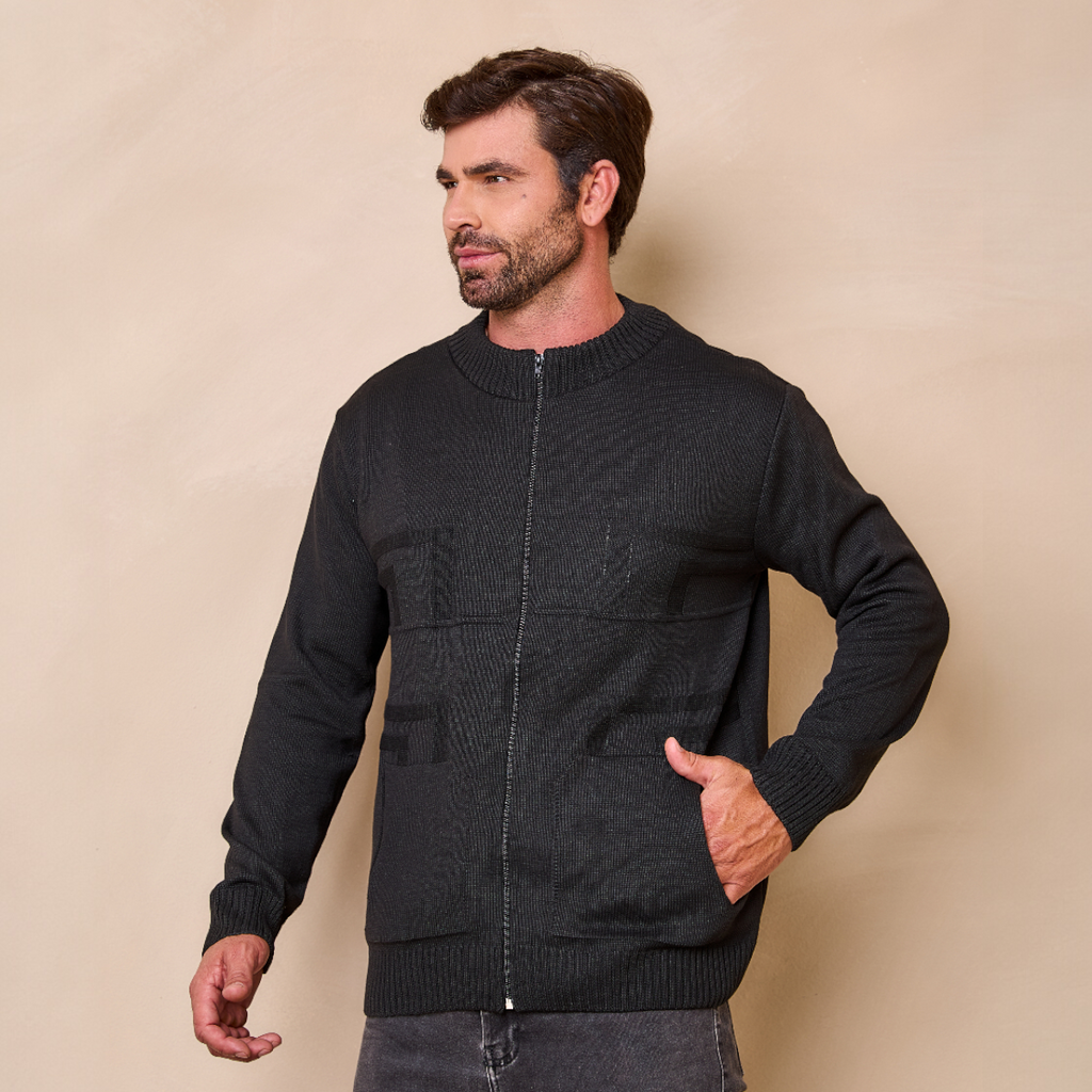 Jaqueta Masculina Tricot com Zíper e Bolso