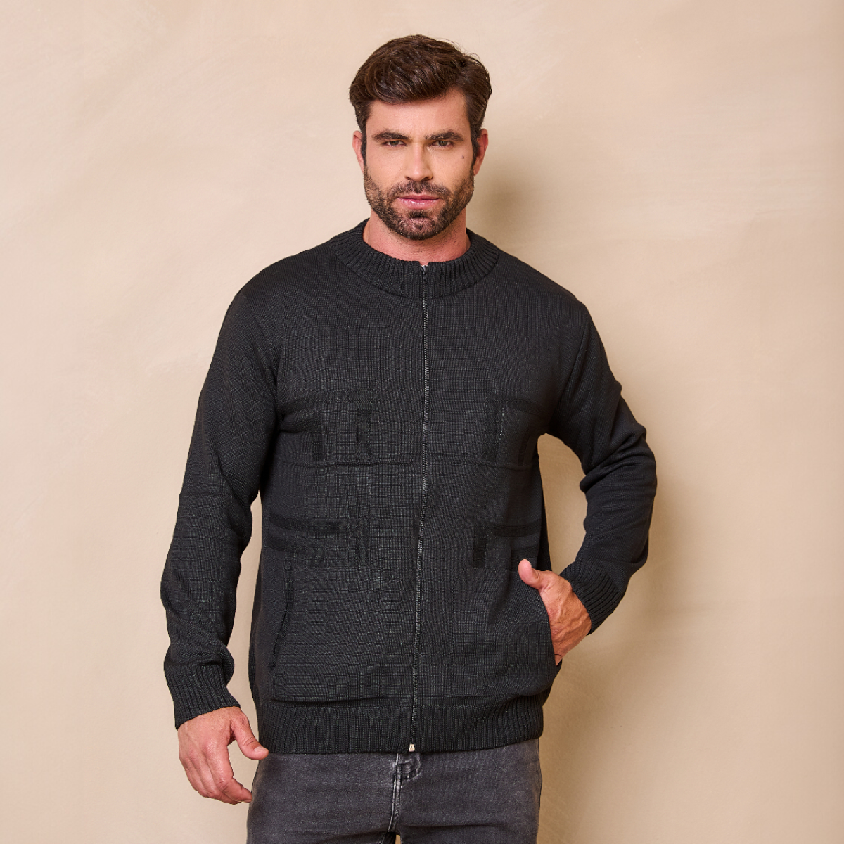 Jaqueta Masculina Tricot com Zíper e Bolso
