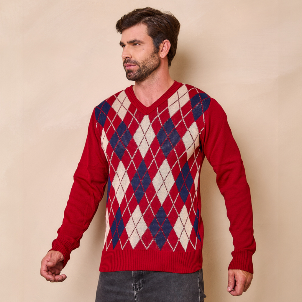 Blusa Masculina Xadrez Tricot Gola V