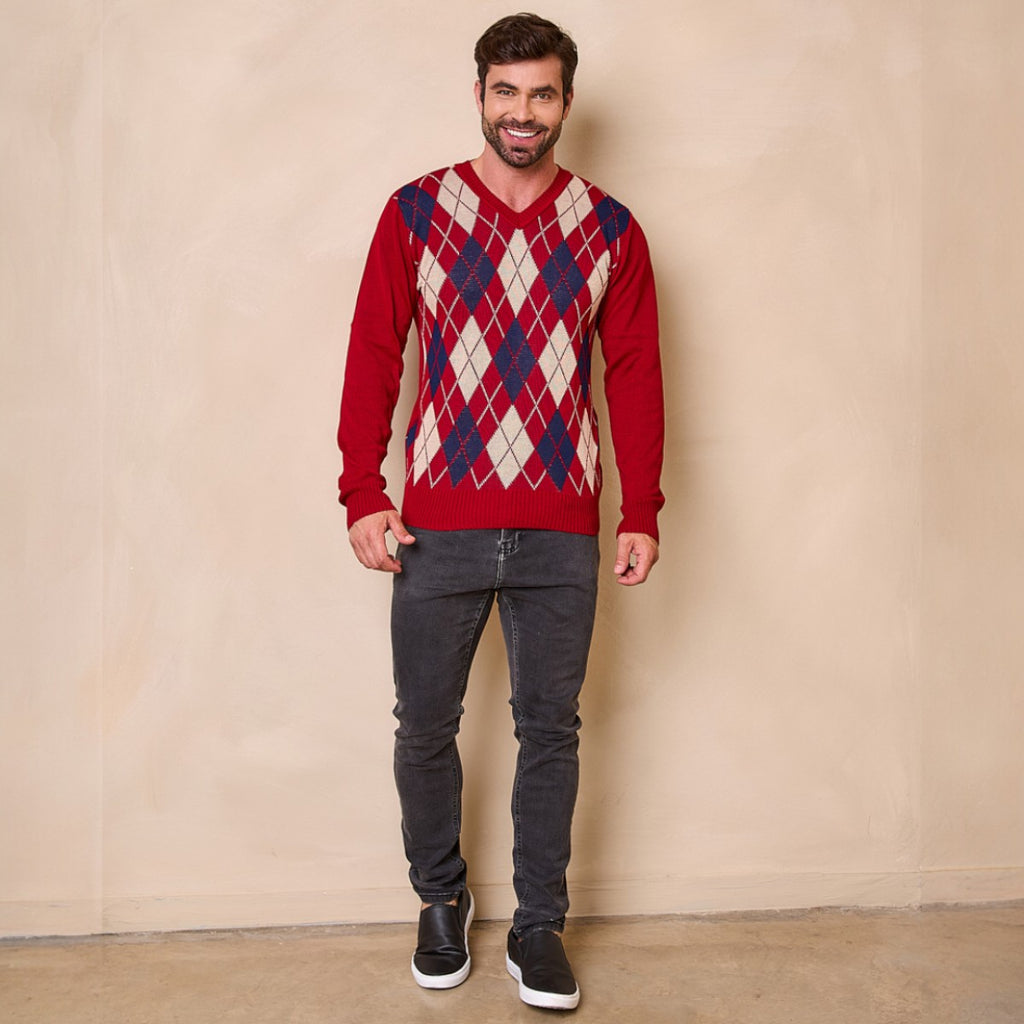 Blusa Masculina Xadrez Tricot Gola V