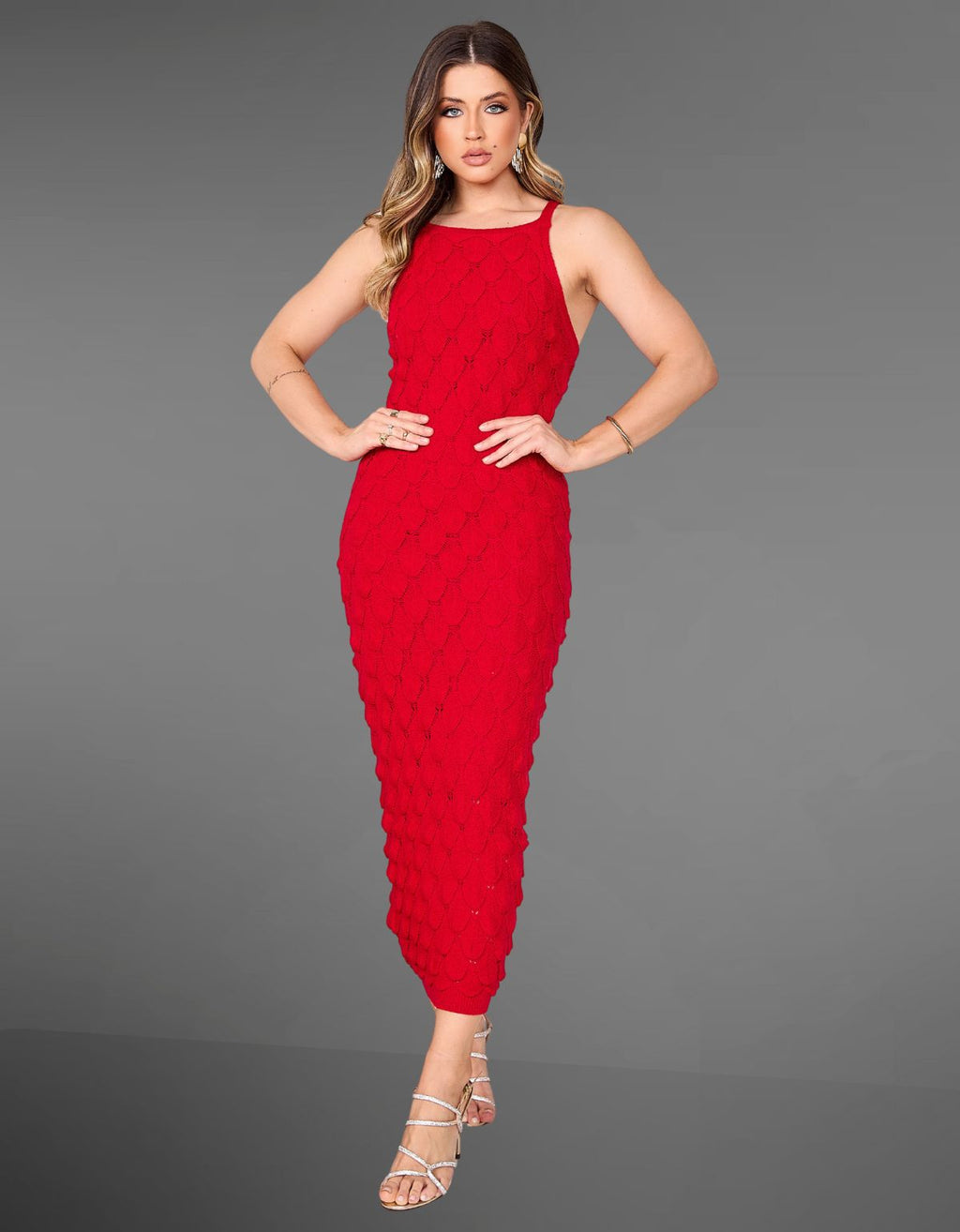 Vestido de Festa Longo Tricô Escama Luxo