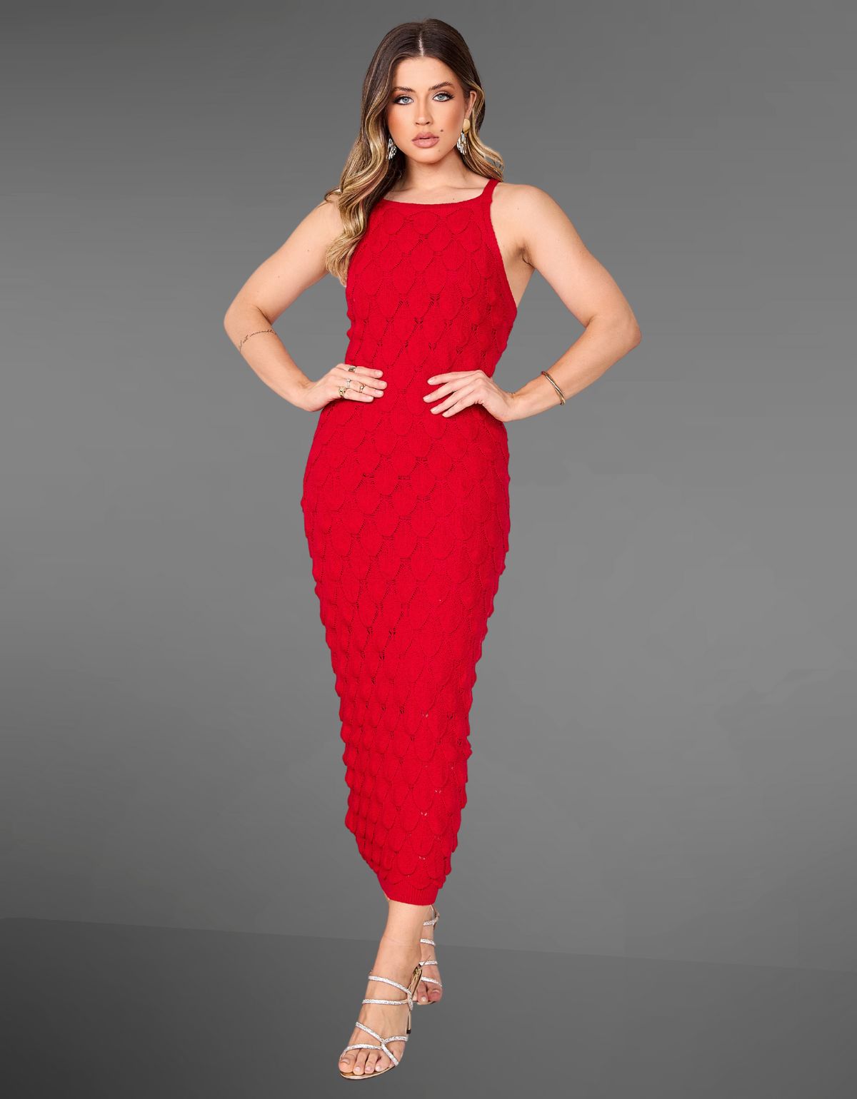 Vestido de Festa Longo Tricô Escama Luxo