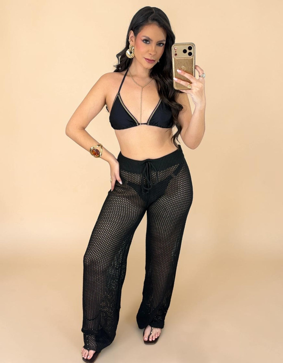 Calça Pantalona Saída de Praia Feminina em Tricô Rendado