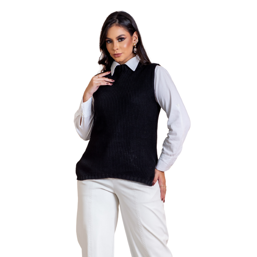 Colete Feminino Pulôver Alongado Tricô Suéter Fenda Lateral